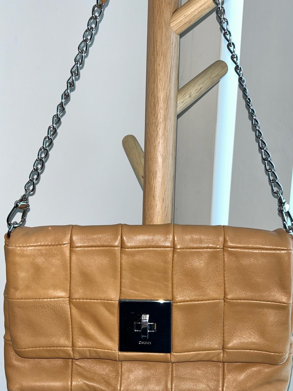 DKNY Tan Quilted Leather Shoulder Bag with Silver Chain